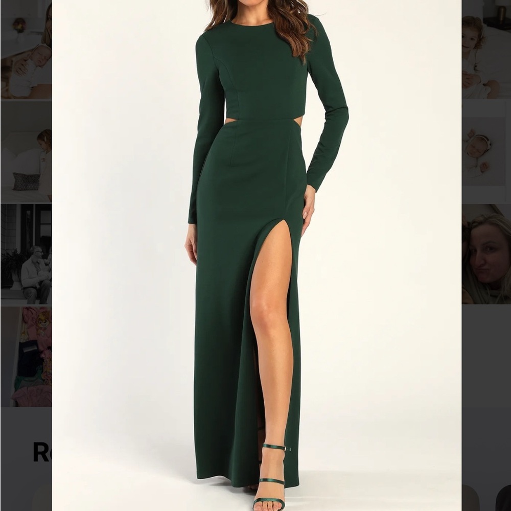 Lulu's Forest Green Long Sleeve Maxi Dress formal cut out holiday party